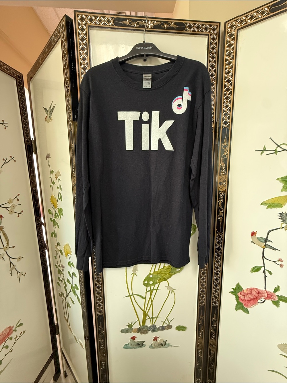 Gildan Black Long-Sleeve Tee with White Tik Logo and Multicolor Note
